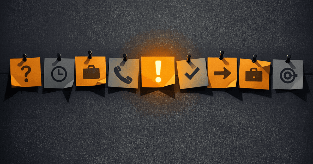 Twelve sticky notes on a dark office wall with amber pin-lights, some peeling away and curling at the edges — each one a clue someone is about to leave