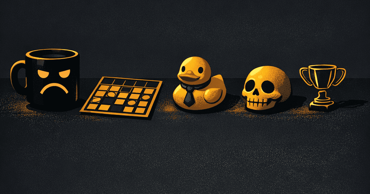 A dark office desk with a 'World's Okayest Employee' mug, a corporate buzzword bingo card, and a small trophy made of paperclips — tools of dark humor survival