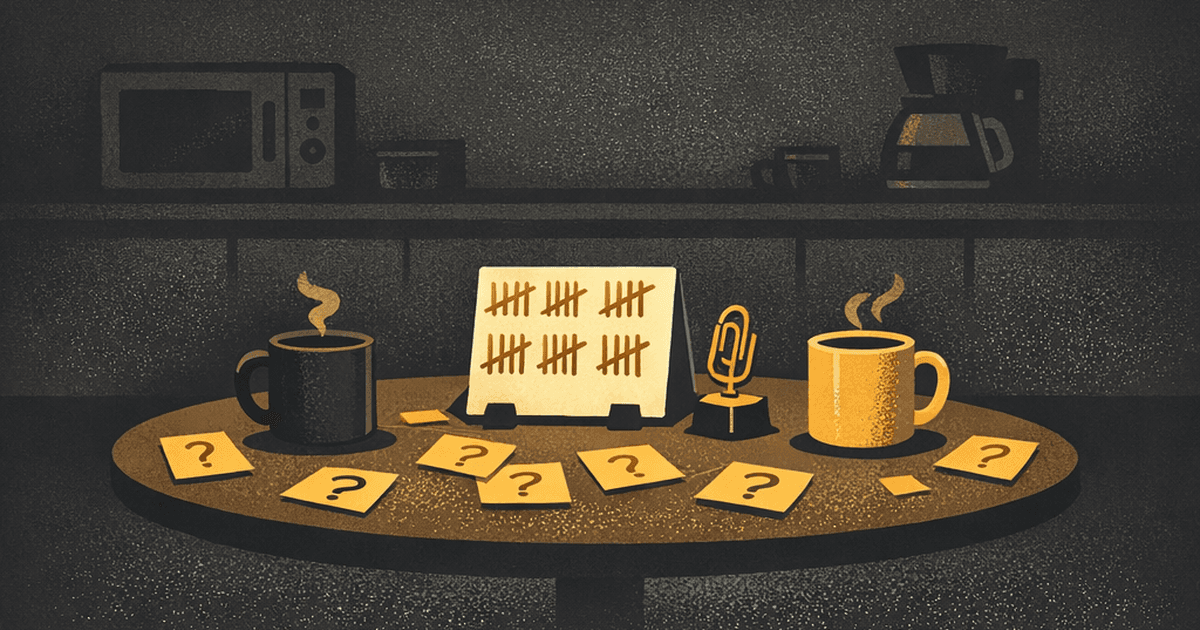 Two coworkers shaking hands across a break room table with a whiteboard behind them tracking office bets — friendly wagers in a dark-themed office