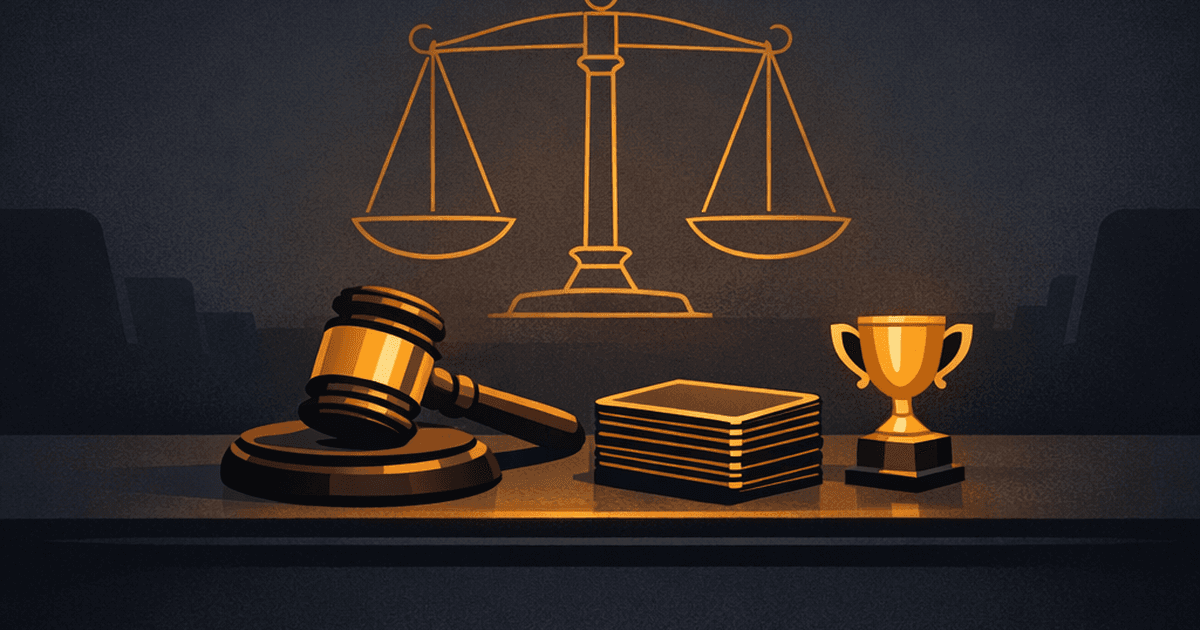 A gavel resting on a dark desk next to a stack of office pool prediction cards and a small gold trophy — the intersection of law and workplace fun