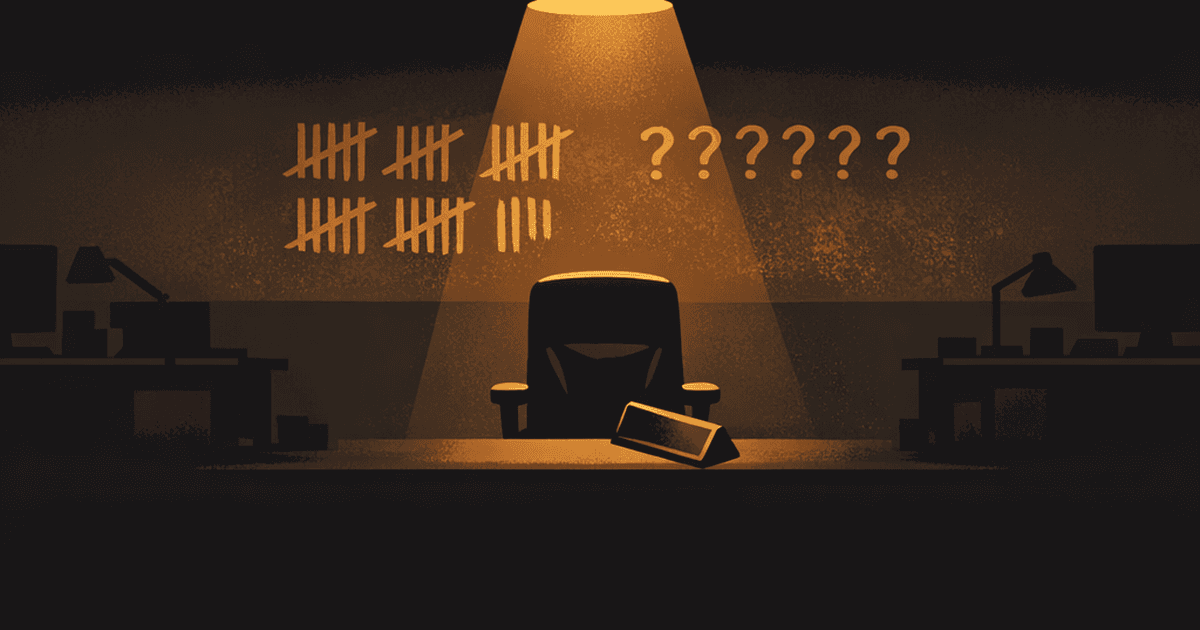 An empty office chair under a golden spotlight in a dark office, with a knocked-over nameplate and a fading scoreboard on the wall — the original Office Dead Pool setup