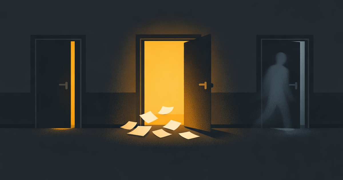 Three office doors in a dim hallway — one slowly closing, one flung wide open, and one with a ghostly outline passing through — quiet, loud, and ghost quitting
