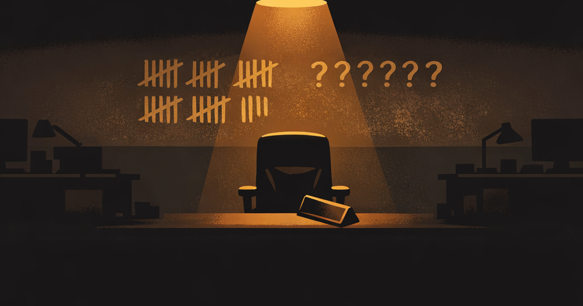 An empty office chair under a golden spotlight in a dark office, with a knocked-over nameplate and a fading scoreboard on the wall — the original Office Dead Pool setup